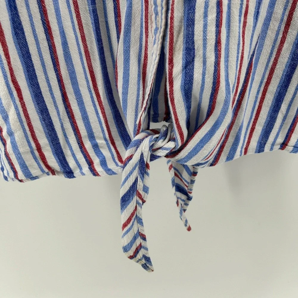 Kim Rogers Red White Blue Striped Linen Blend Tie Front Shirt L Casual Patriotic